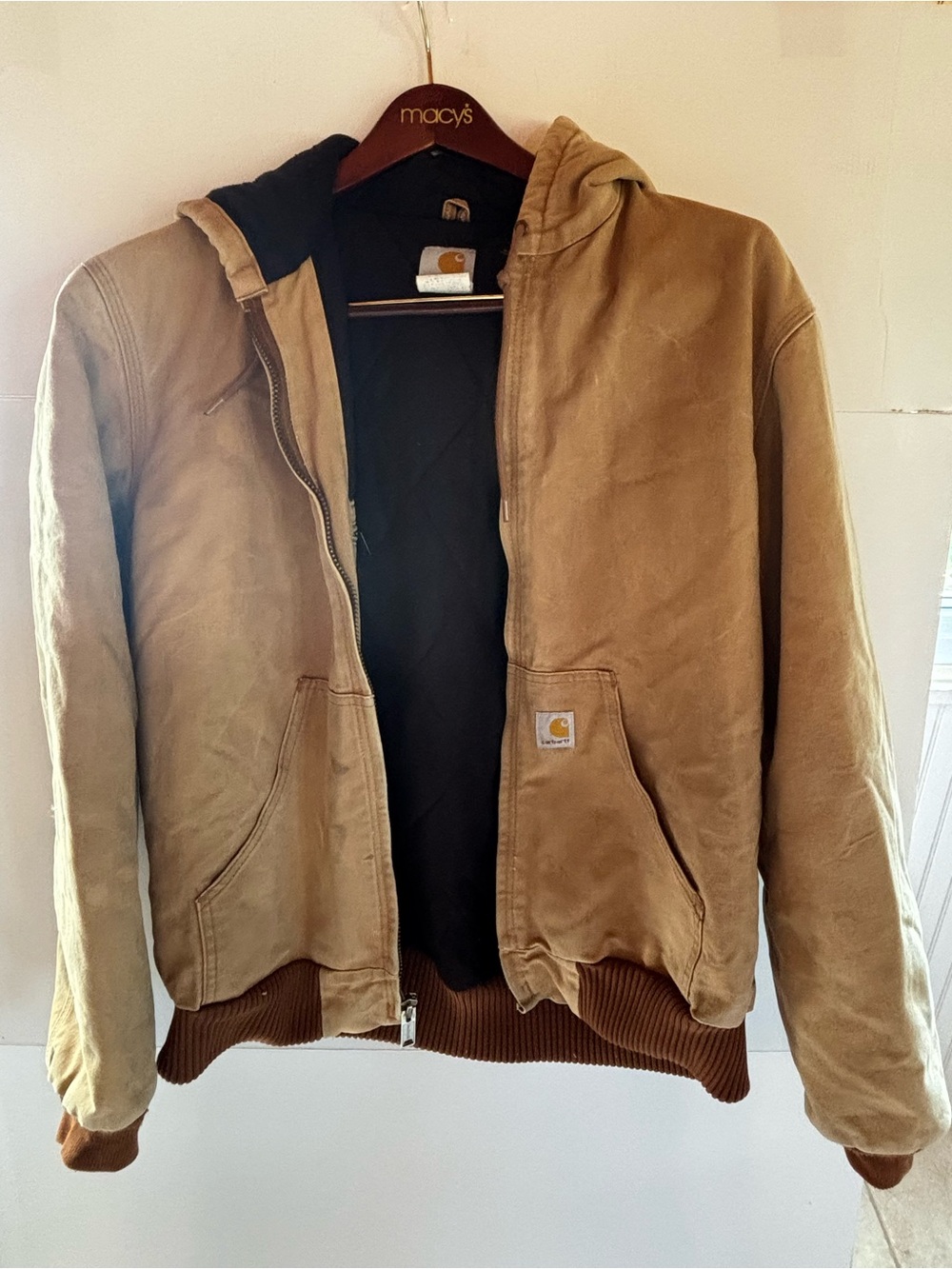 Carhartt Men's Brown Hooded Full Zip Lined Work Jacket M Regular Logo Accents